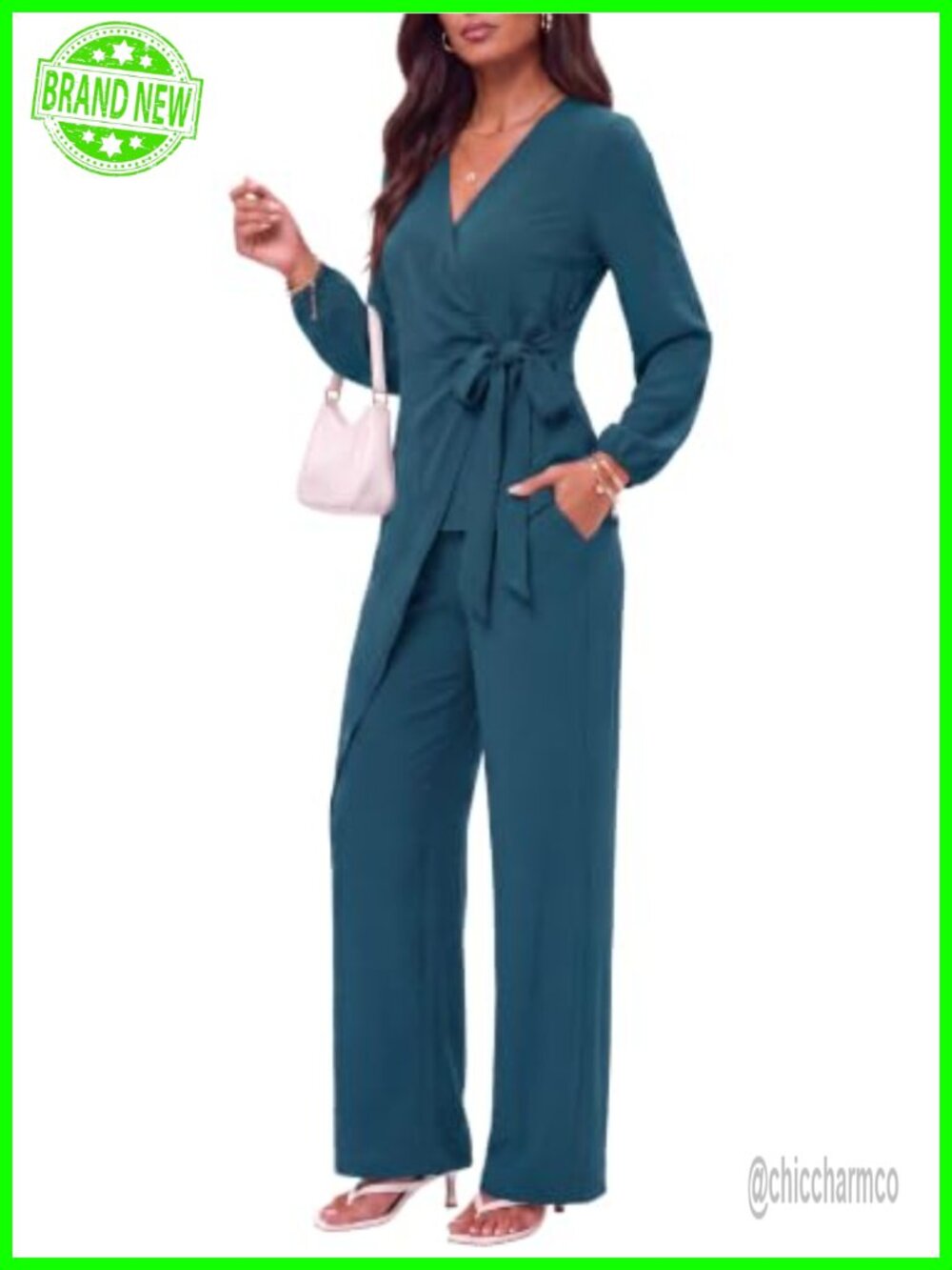 Womens 2pc Pant Set Long Sleeve Tie Waist Top Flared Pants Business Casual